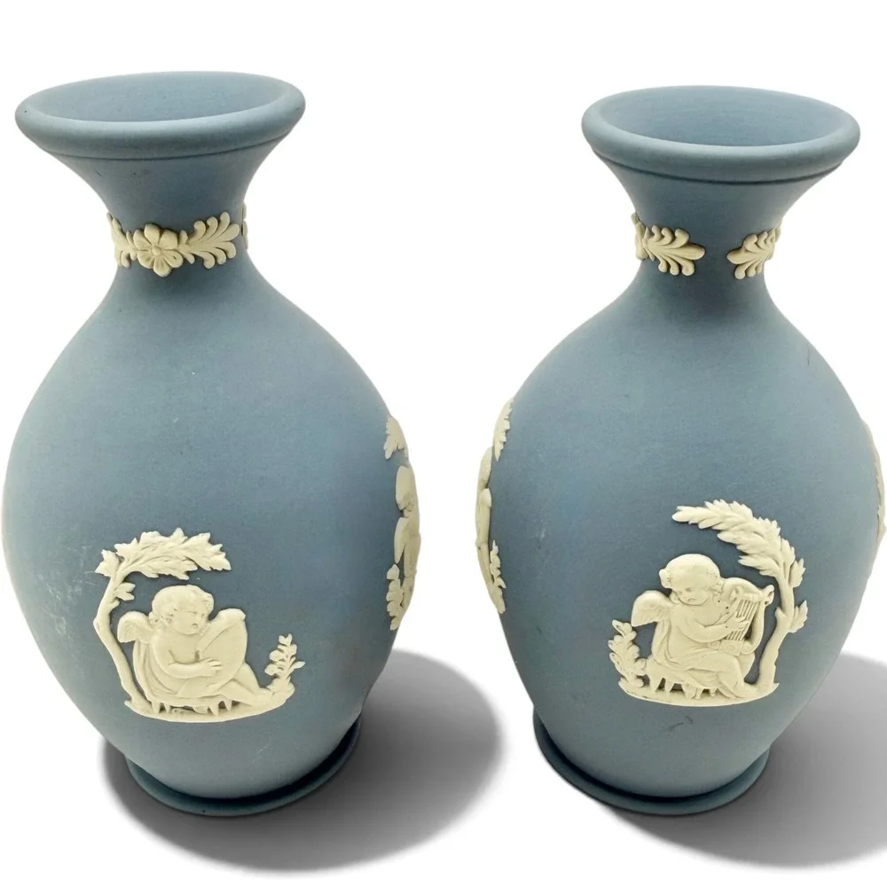 Vintage Wedgwood Blue Jasperware Bud Vases Pair White Cherub Relief Neoclassical